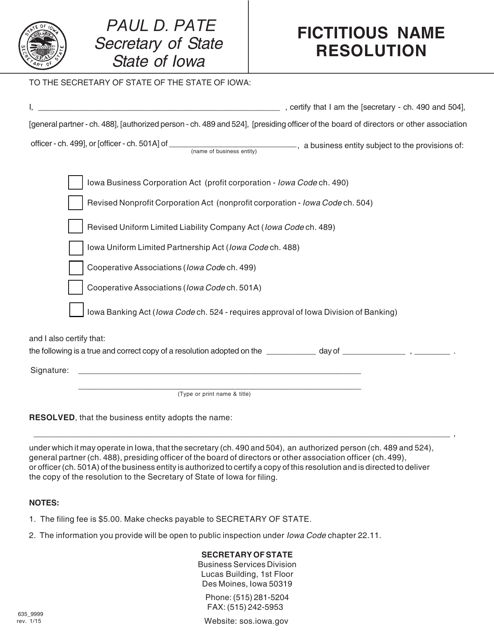 Form 635_9999 Fictitious Name Resolution - Iowa
