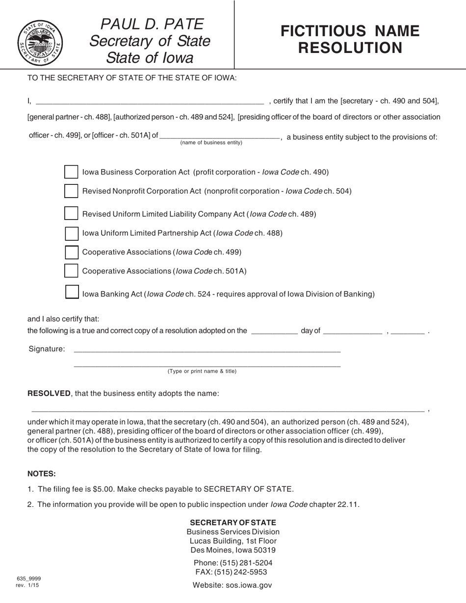 Form 635_9999 Fictitious Name Resolution - Iowa, Page 1