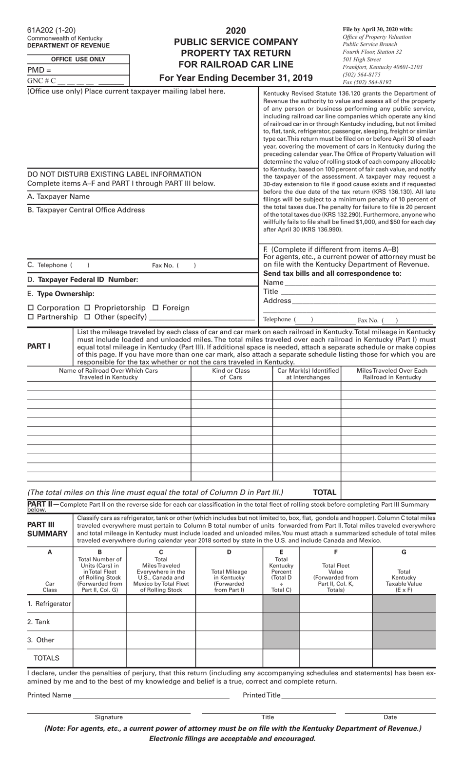 Form 61A202 Public Service Company Property Tax Return for Railroad Car Lines - Kentucky, Page 1