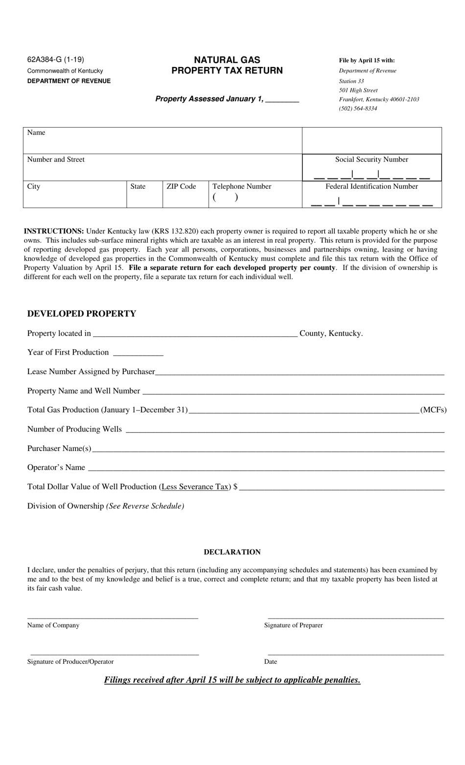 Form 62A384-G Natural Gas Property Tax Return - Kentucky, Page 1