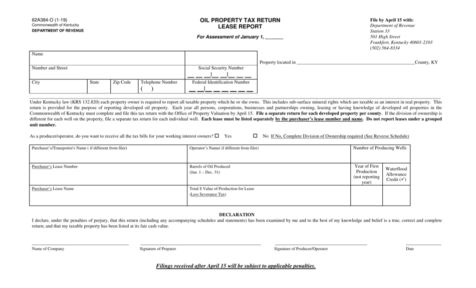 Form 62A384-O Oil Property Tax Return Lease Report - Kentucky, Page 1