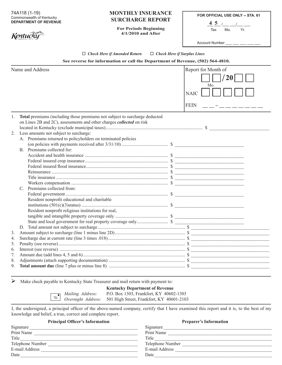 Form 74A118 Monthly Insurance Surcharge Report - Kentucky, Page 1