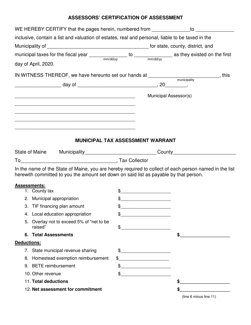 Form PTA200 Assessors Certification of Assessment and Warrant - Maine, Page 1