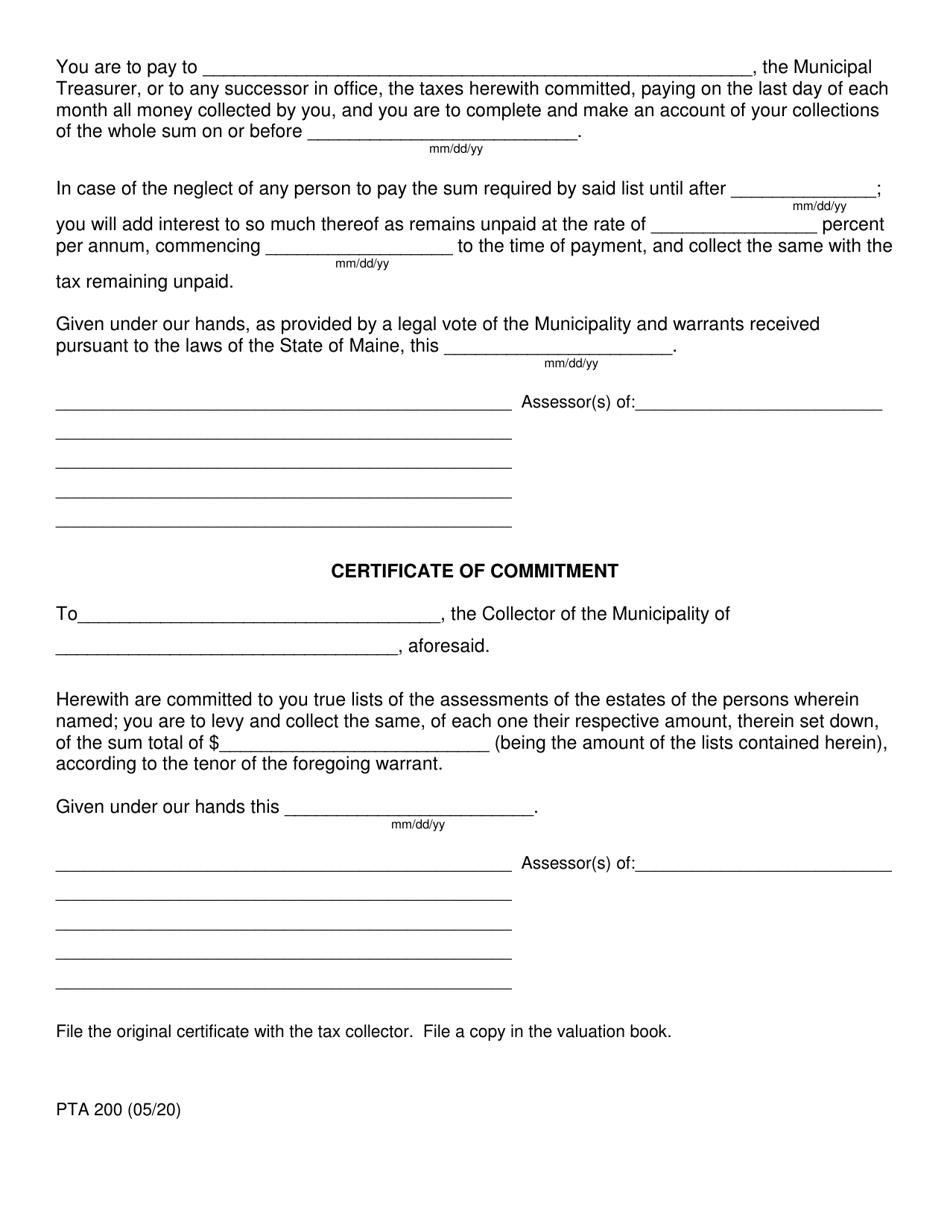 Form PTA200 Assessors Certification of Assessment and Warrant - Maine, Page 2