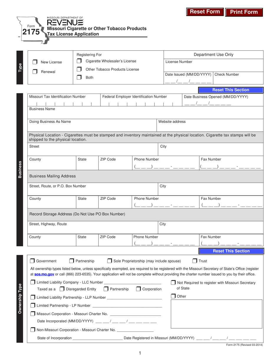 Form 2175 Missouri Cigarette or Other Tobacco Products Tax License Application - Missouri, Page 1