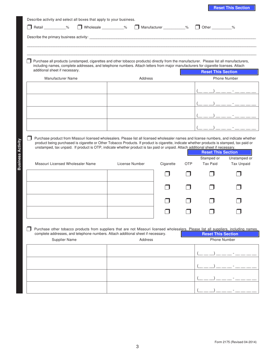 Form 2175 Missouri Cigarette or Other Tobacco Products Tax License Application - Missouri, Page 3