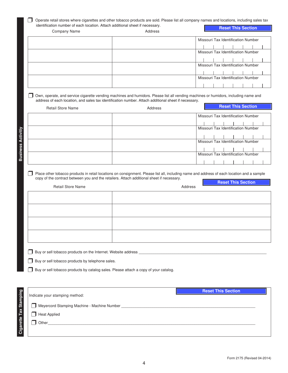 Form 2175 Missouri Cigarette or Other Tobacco Products Tax License Application - Missouri, Page 4