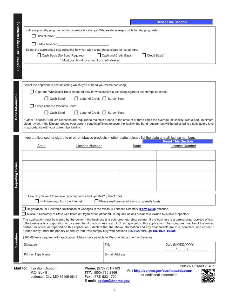 Form 2175 Missouri Cigarette or Other Tobacco Products Tax License Application - Missouri, Page 5