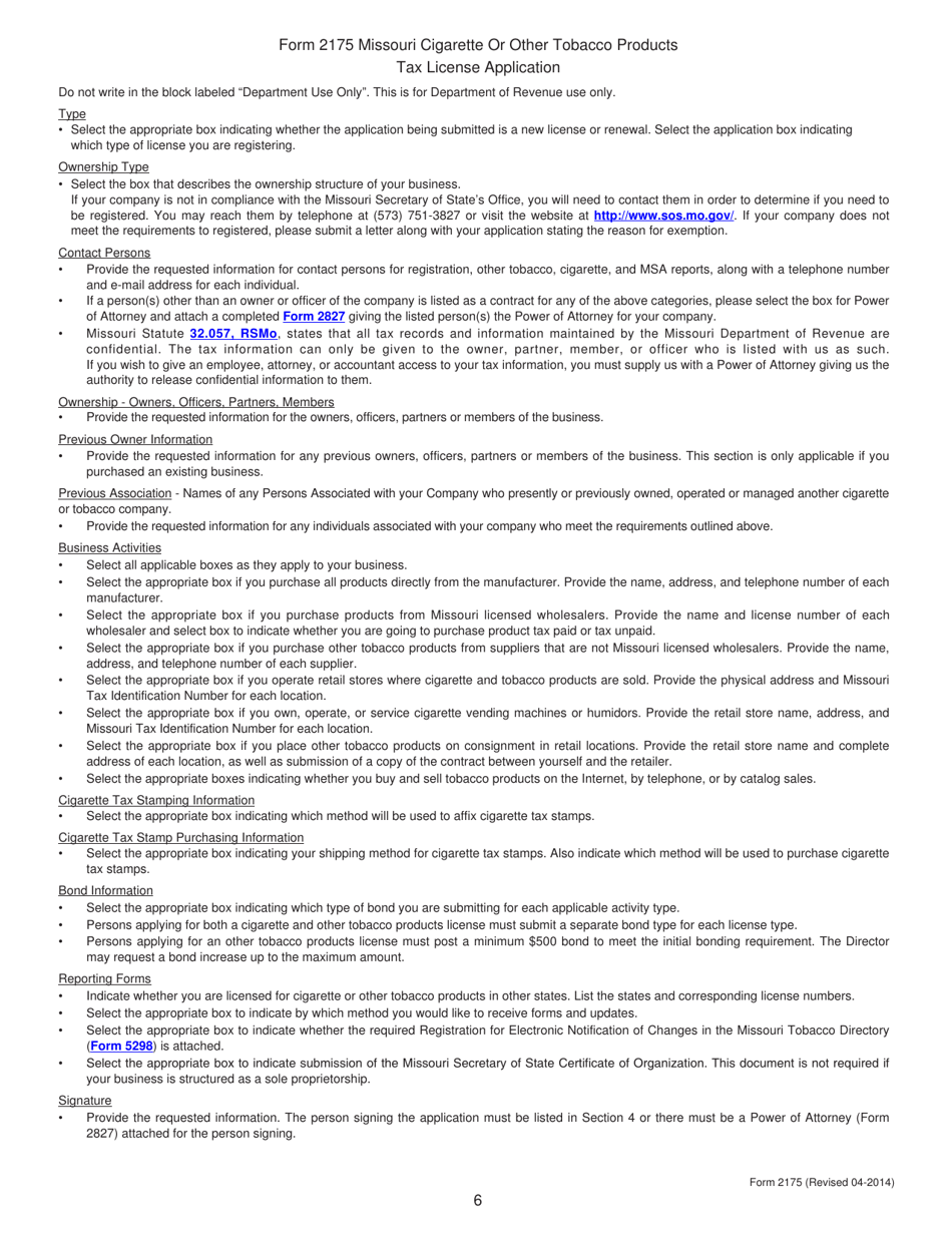 Form 2175 Missouri Cigarette or Other Tobacco Products Tax License Application - Missouri, Page 6
