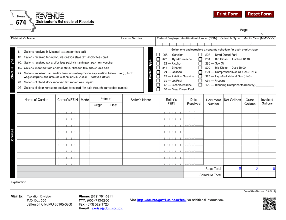 Form 574 Distributors Schedule of Receipts - Missouri, Page 1
