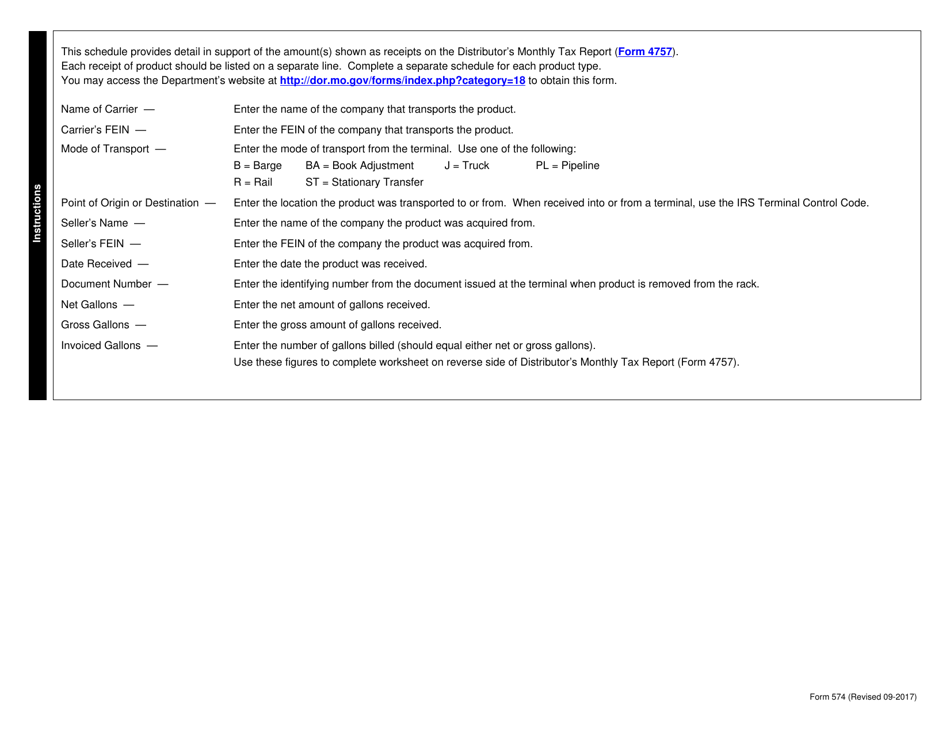 Form 574 Distributors Schedule of Receipts - Missouri, Page 2