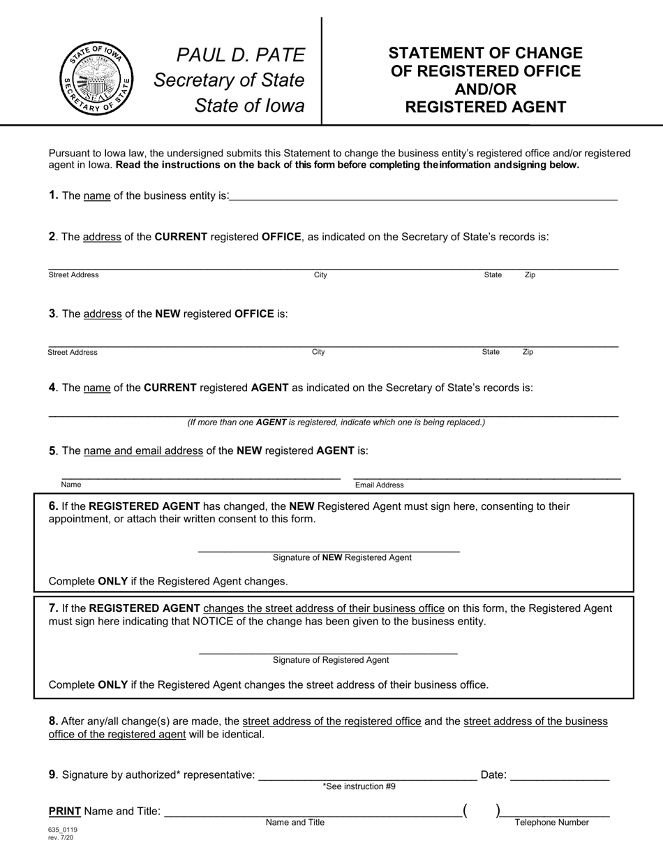 Form 635_0119 Statement of Change of Registered Office and / or Registered Agent - Iowa, Page 1