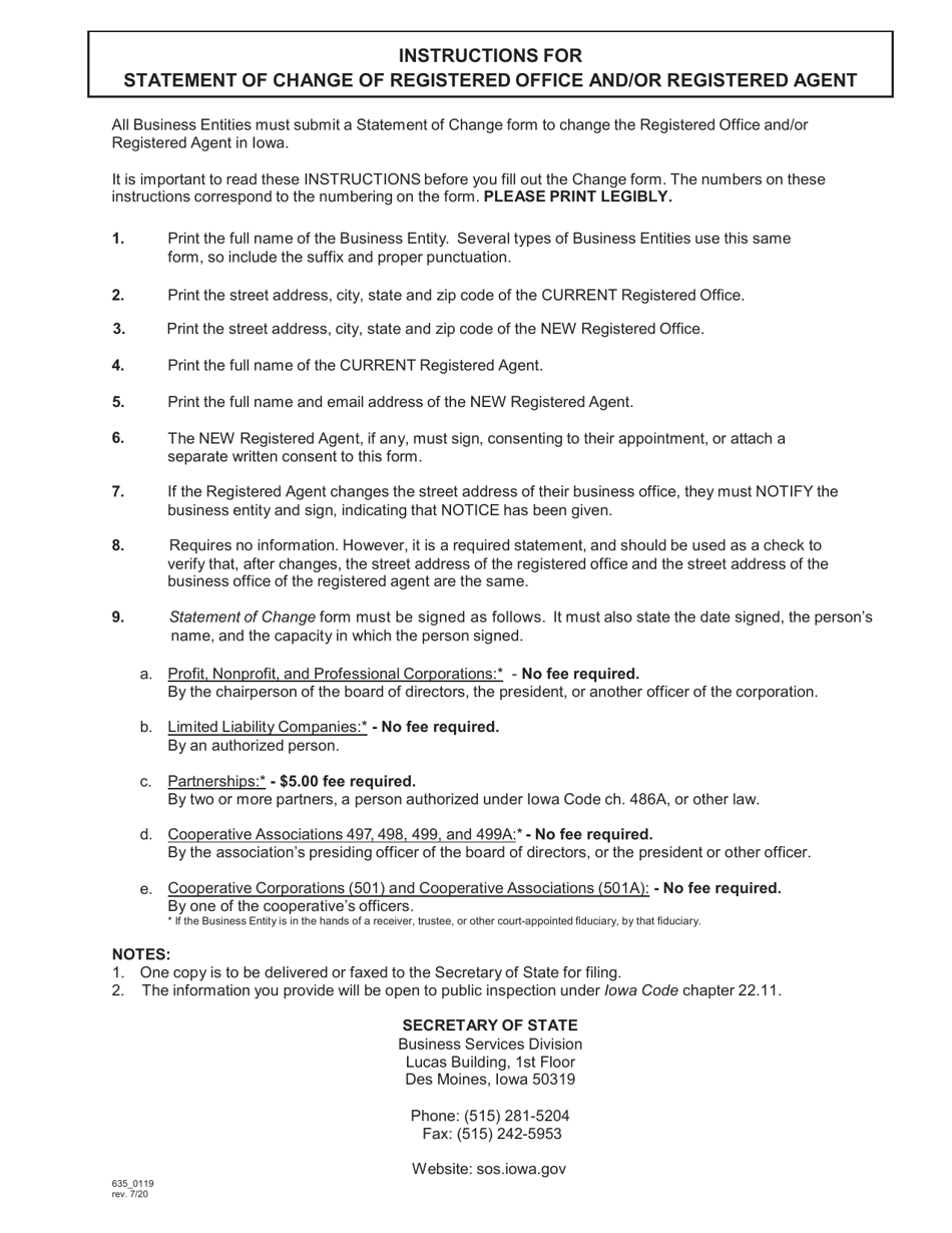 Form 635_0119 Statement of Change of Registered Office and / or Registered Agent - Iowa, Page 2