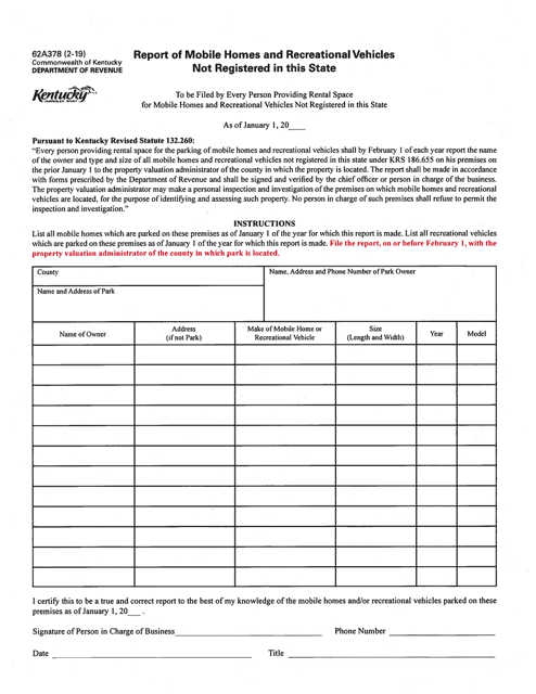 Form 62A378 Report of Mobile Homes and Recreational Vehicles Not Registered in This State - Kentucky