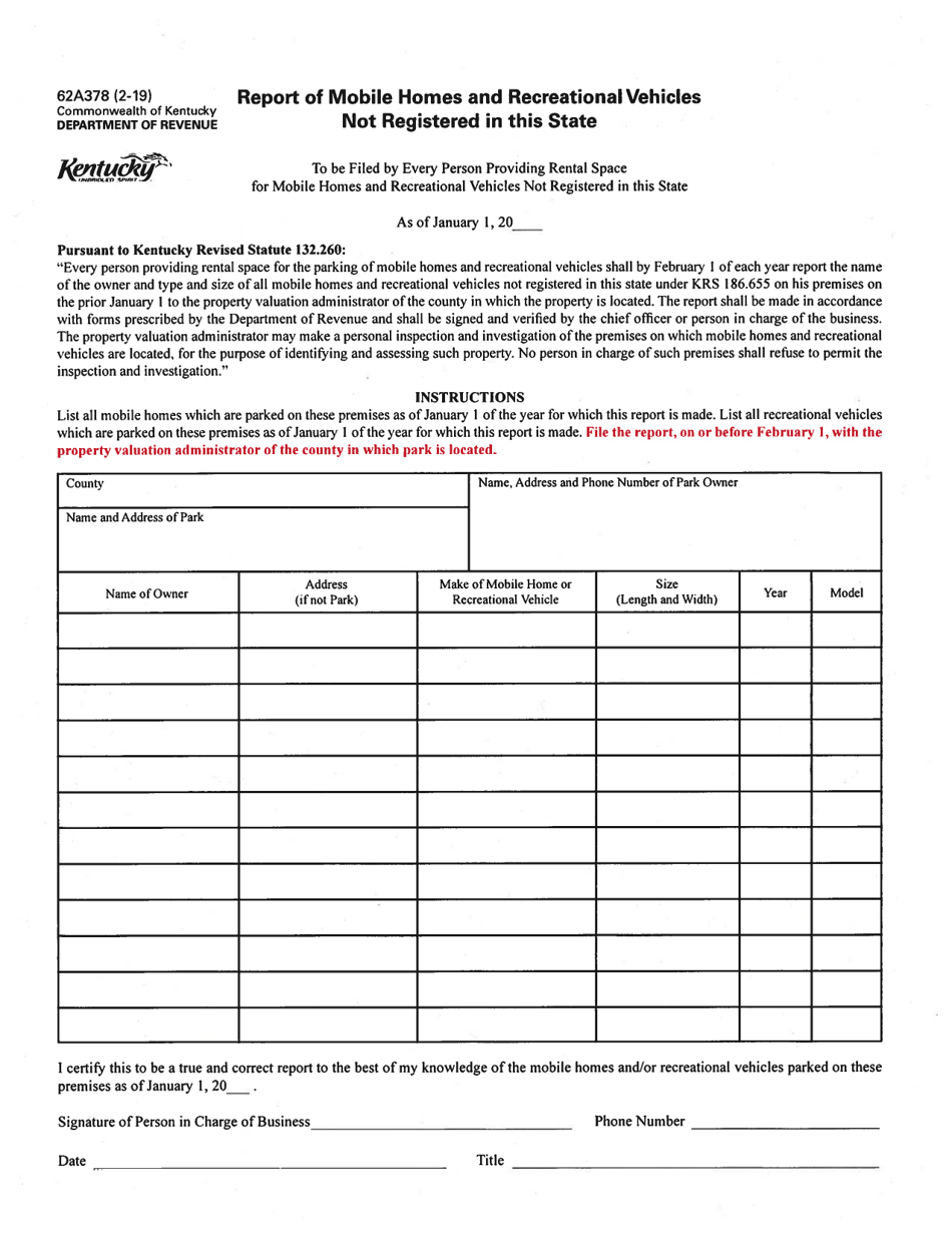 Form 62A378 Report of Mobile Homes and Recreational Vehicles Not Registered in This State - Kentucky, Page 1