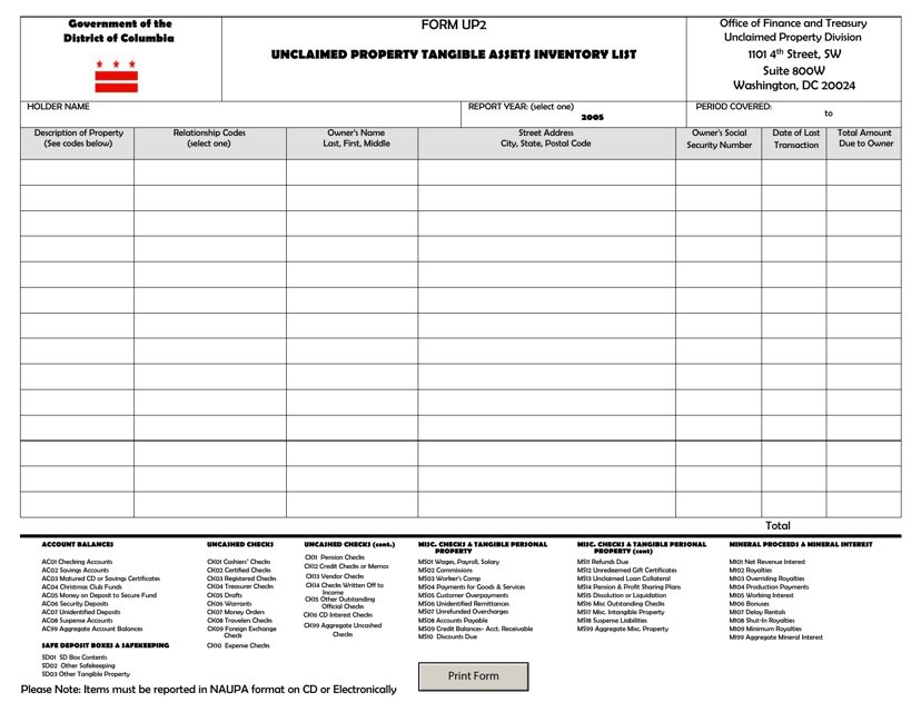 Form UP2 Unclaimed Property Tangible Assets Inventory List - Washington, D.C.