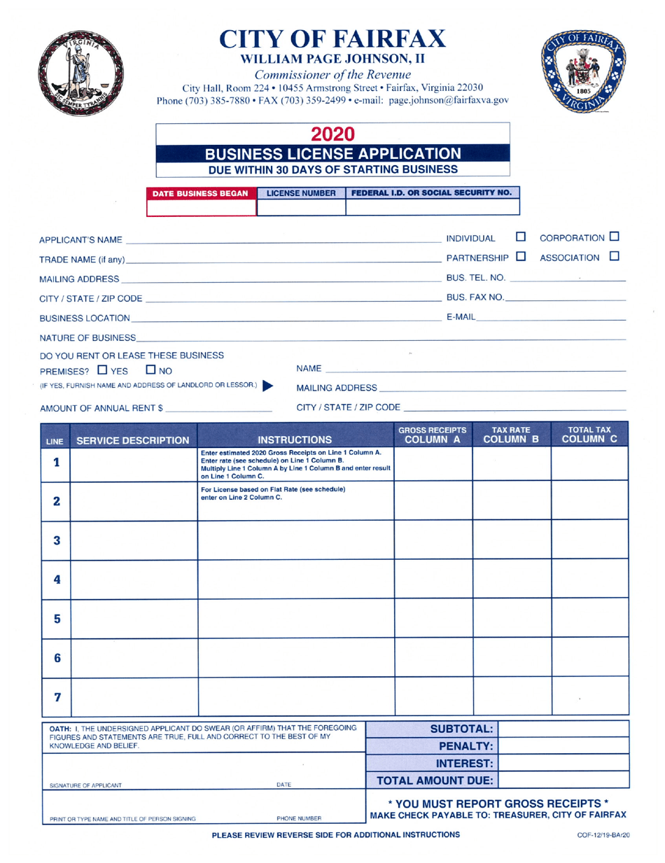 Form CR-4 Business License Application - City of Fairfax, Virginia, Page 1