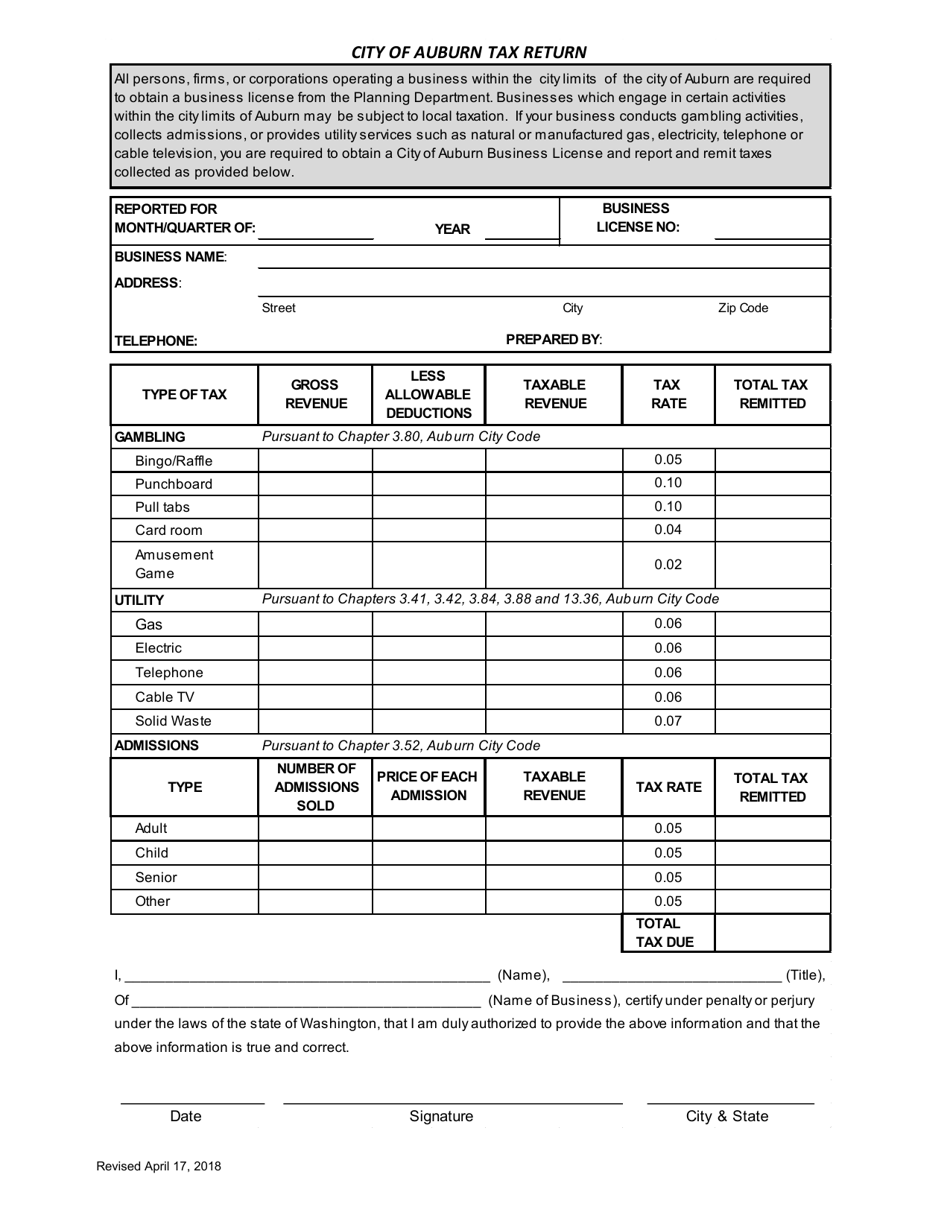 City of Auburn, Washington City of Auburn Tax Return Fill Out, Sign