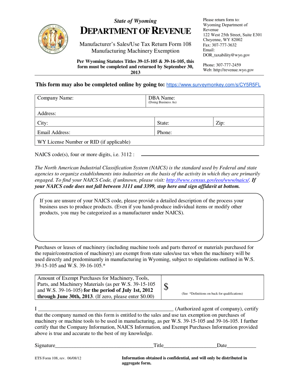 ETS Form 108 Manufacturers Sales / Use Tax Return Manufacturing Machinery Exemption - Wyoming, Page 1