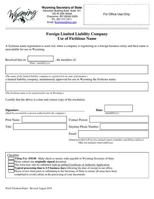 Foreign Limited Liability Company Use of Fictitious Name - Wyoming Download Pdf