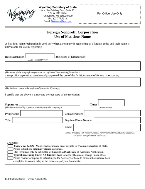 Foreign Nonprofit Corporation Use of Fictitious Name - Wyoming Download Pdf