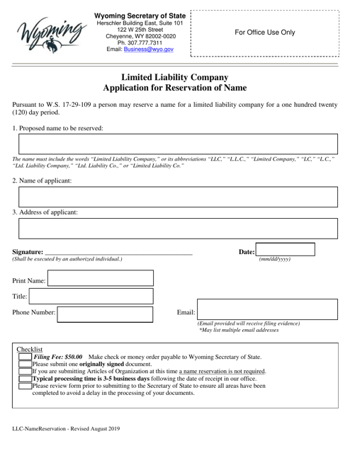 Limited Liability Company Application for Reservation of Name - Wyoming Download Pdf