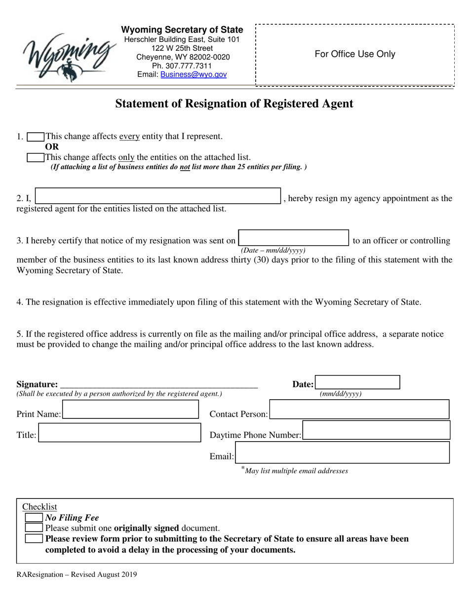 Statement of Resignation of Registered Agent - Wyoming, Page 1