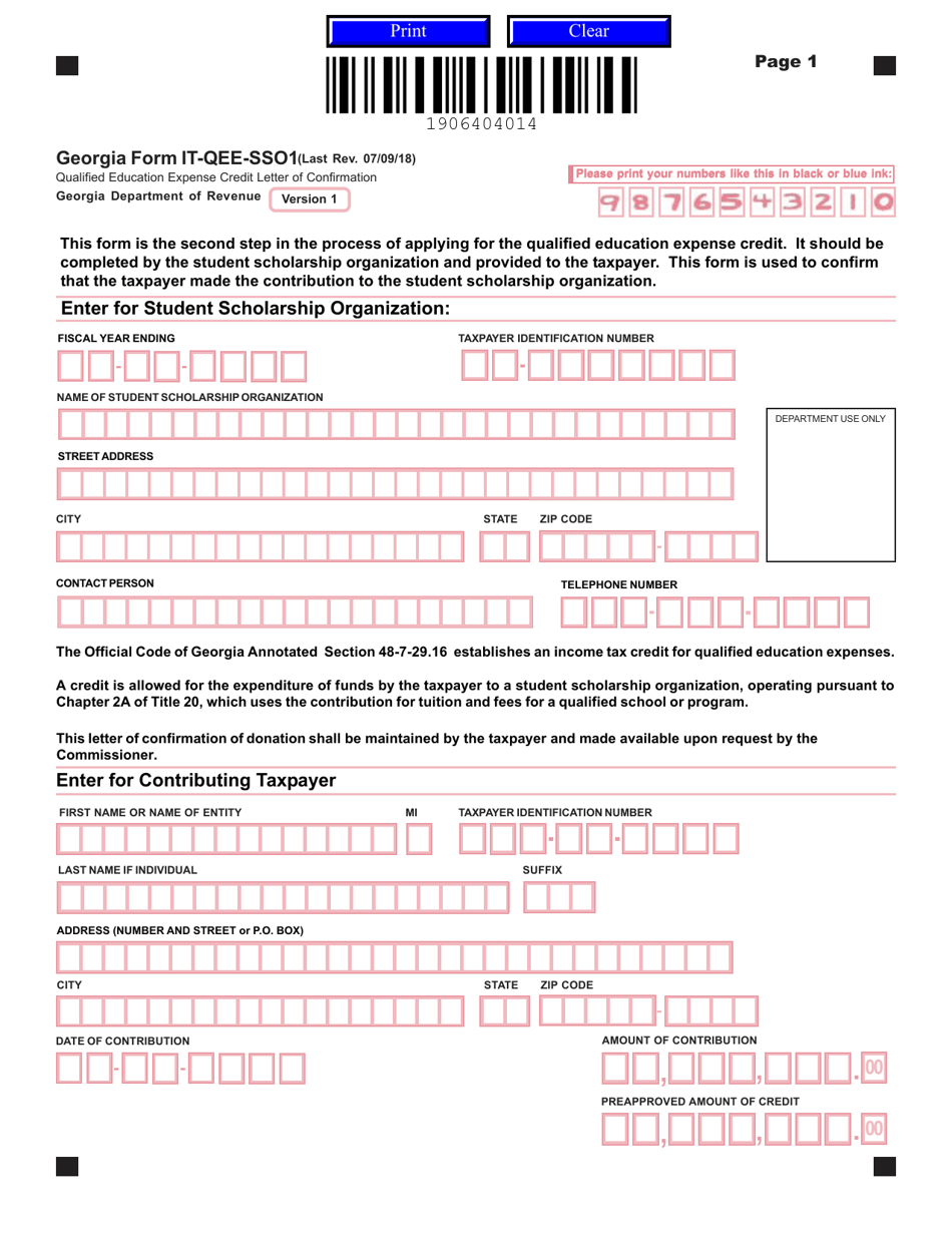 Form IT-QEE-SSO1 Qualified Education Expense Credit Letter of Confirmation - Georgia (United States), Page 1