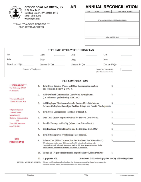 Annual Wage Reconciliation Form - City of Bowling Green, Kentucky Download Pdf