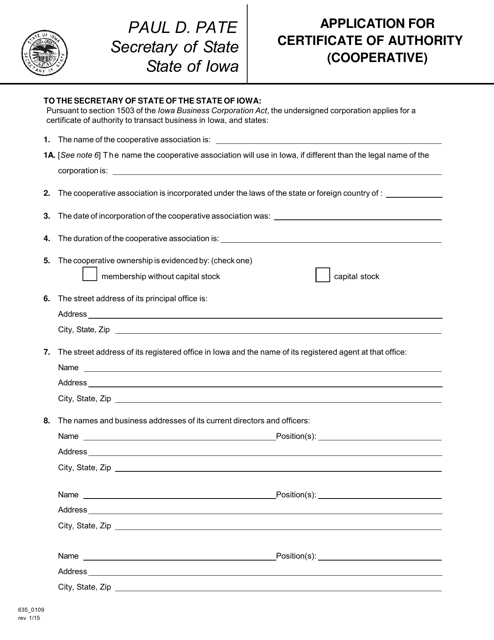 Application for Certificate of Authority (Cooperative) - Iowa Download Pdf