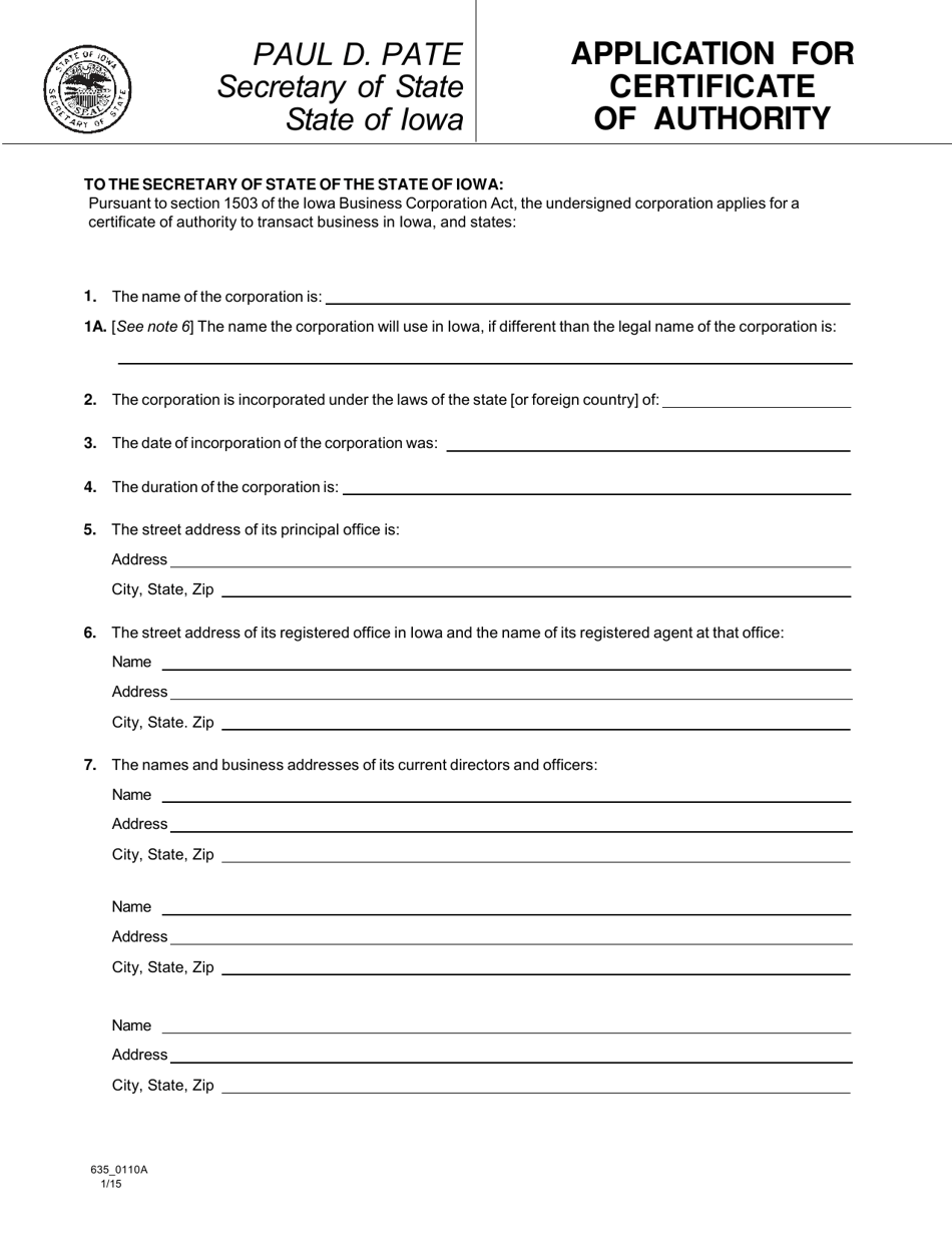 Application for Certificate of Authority - Iowa, Page 1