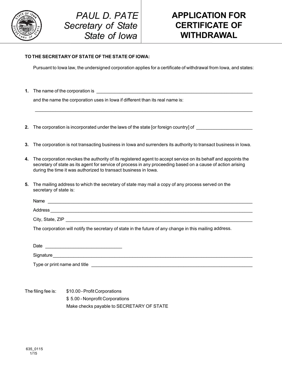 Form 635_0115 Application for Certificate of Withdrawal - Iowa, Page 1
