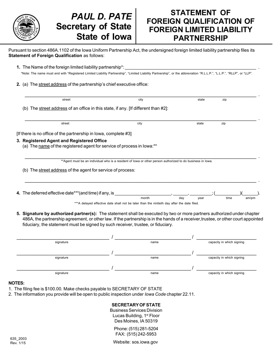 Iowa Statement Of Foreign Qualification Of Foreign Limited Liability 