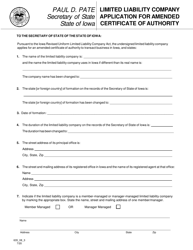 Document preview: Limited Liability Company Application for Amended Certificate of Authority - Iowa