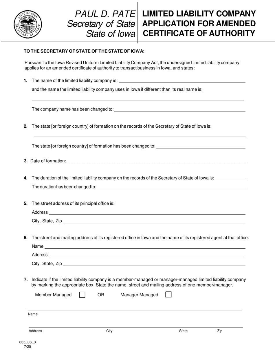 Limited Liability Company Application for Amended Certificate of Authority - Iowa, Page 1