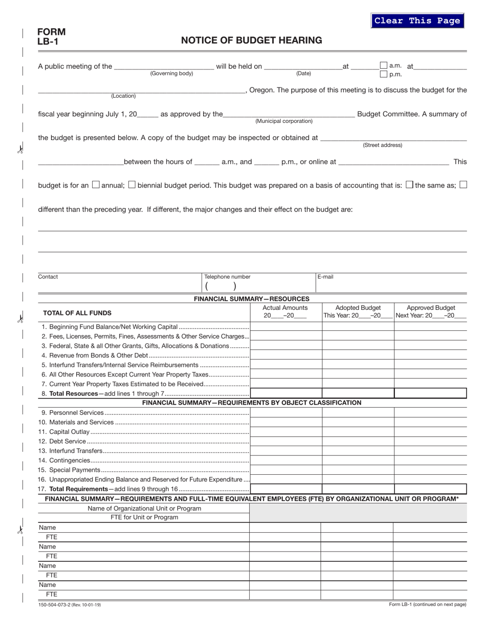 Form LB-1 (150-504-073-2) Notice of Budget Hearing - Oregon, Page 1