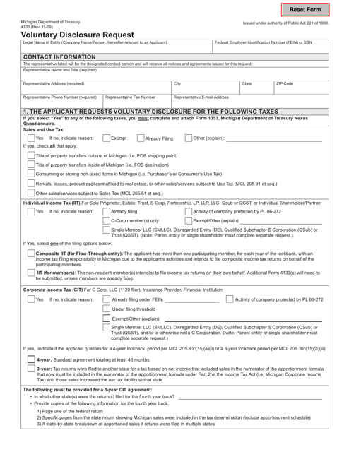 Form 4133 Voluntary Disclosure Request - Michigan