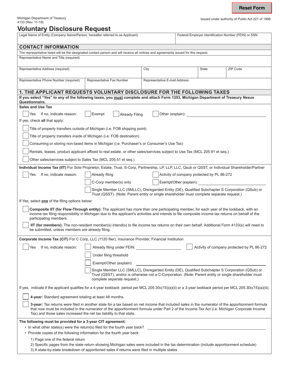 Form 4133 Voluntary Disclosure Request - Michigan, Page 1