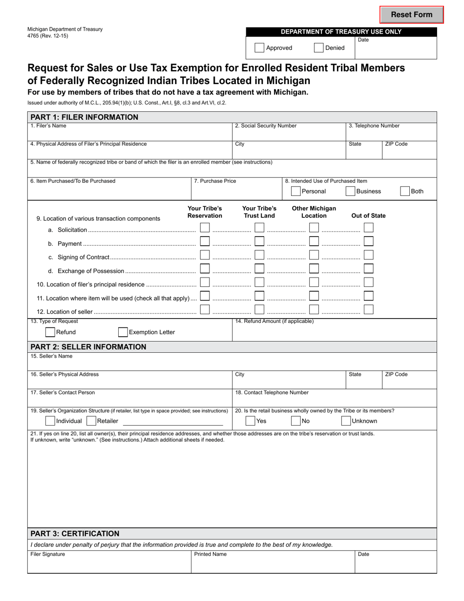 Form 4765 Request for Sales or Use Tax Exemption for Enrolled Resident Tribal Members of Federally Recognized Indian Tribes Located in Michigan - Michigan, Page 1