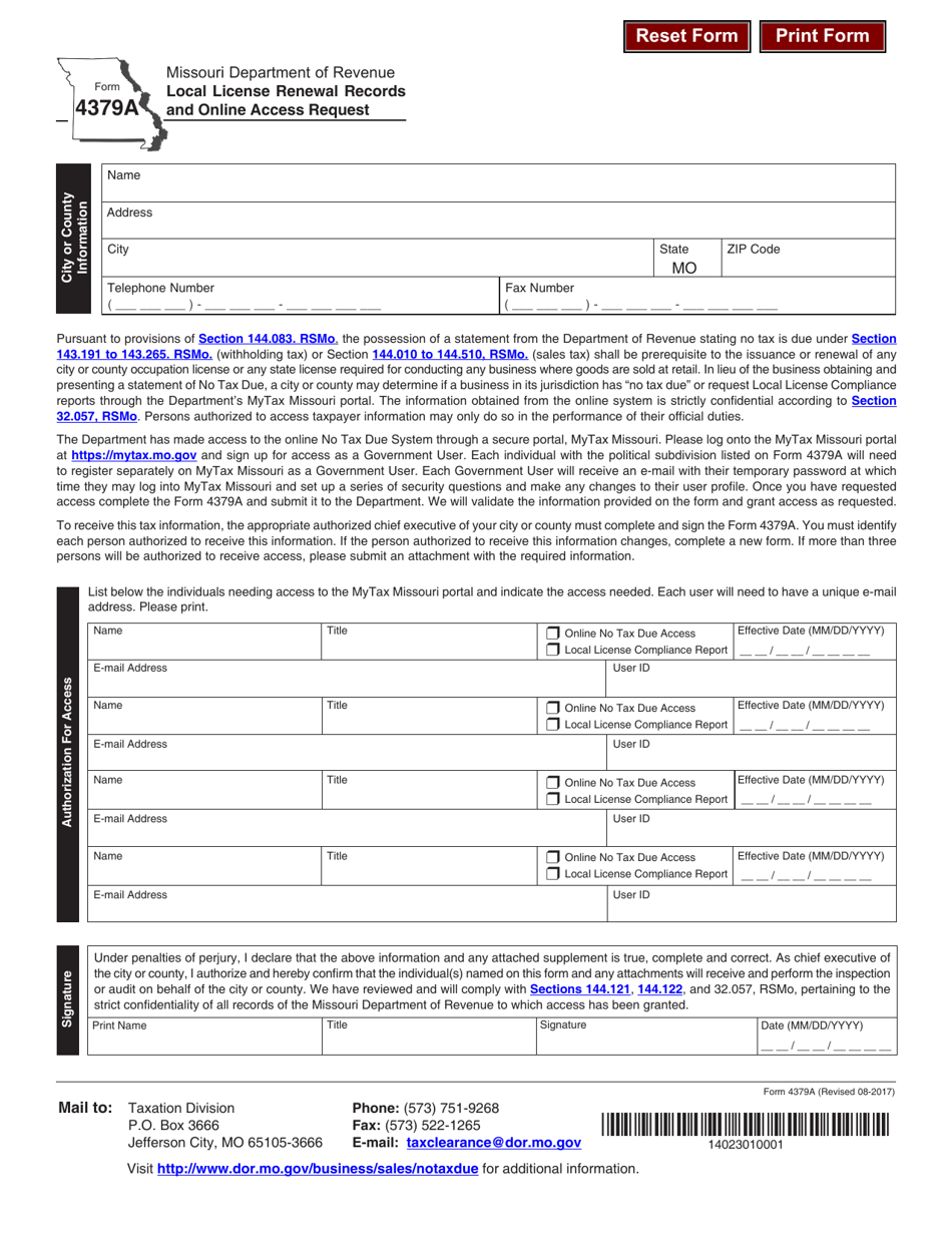 Form 4379A Local License Renewal Records and Online Access Request - Missouri, Page 1