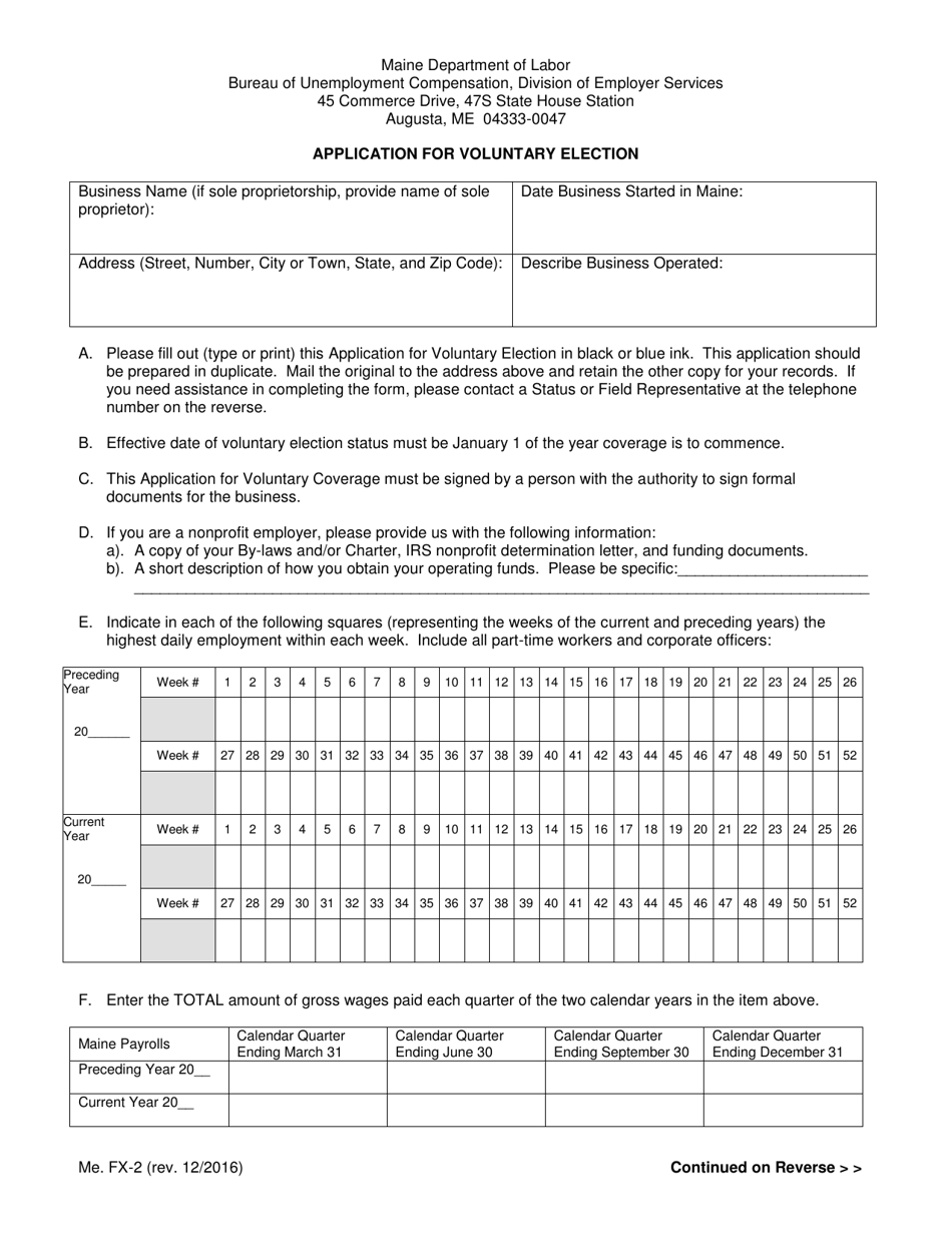 Form Me. FX-2 Application for Voluntary Election - Maine, Page 1
