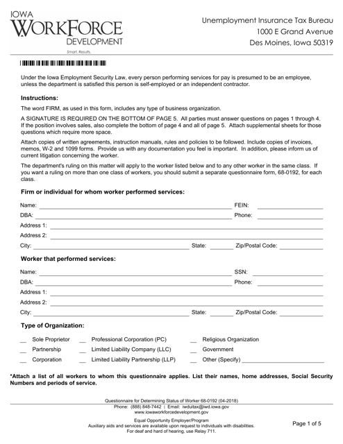 Form 68-0192 Questionnaire for Determining Status of Worker - Iowa