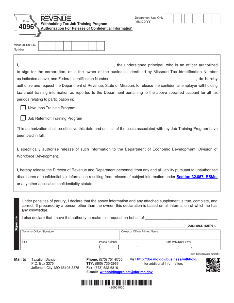 Form 4096 Withholding Tax Job Training Program Authorization for Release of Confidential Information - Missouri, Page 1