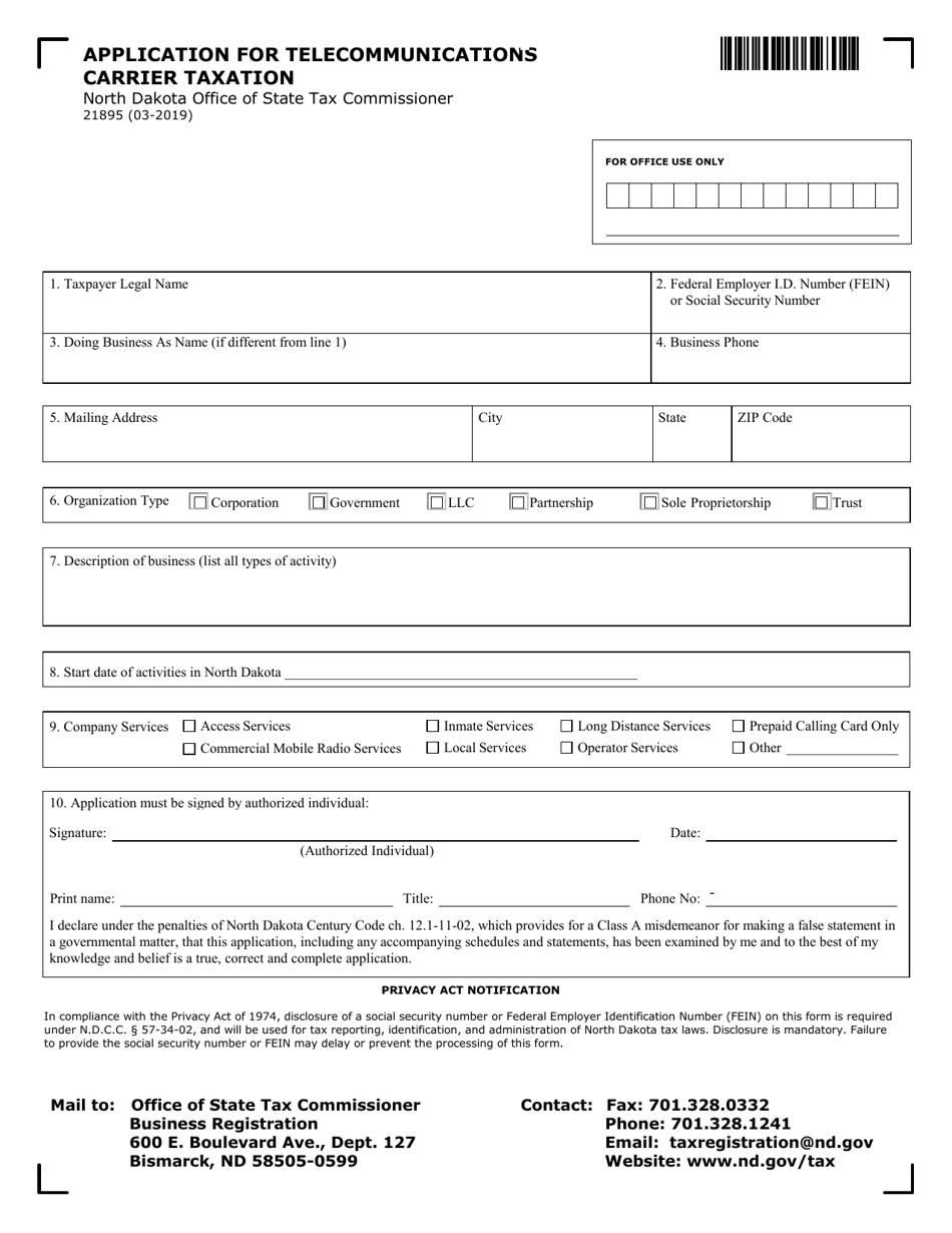 Form 21895 Application for Telecommunications Carrier Taxation - North Dakota, Page 1