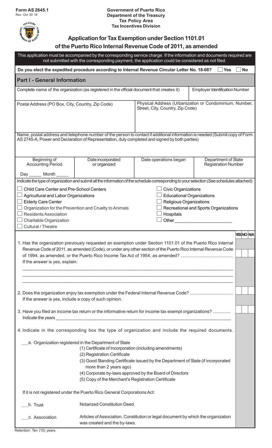 Form AS2645.1 Application for Tax Exemption Under Section 1101.01 of the Puerto Rico Internal Revenue Code of 2011, as Amended - Puerto Rico, Page 1