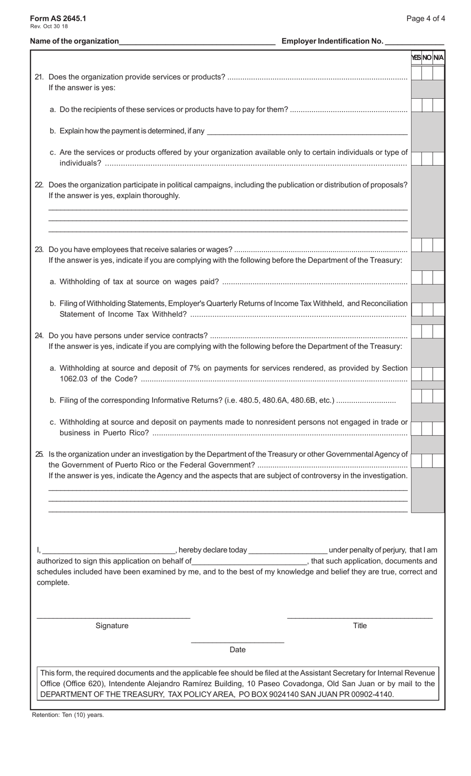 Form AS2645.1 Application for Tax Exemption Under Section 1101.01 of the Puerto Rico Internal Revenue Code of 2011, as Amended - Puerto Rico, Page 4