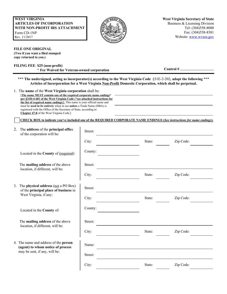 Form CD-INP (CD-1NP) West Virginia Articles of Incorporation With Non-profit IRS Attachment - West Virginia, Page 1
