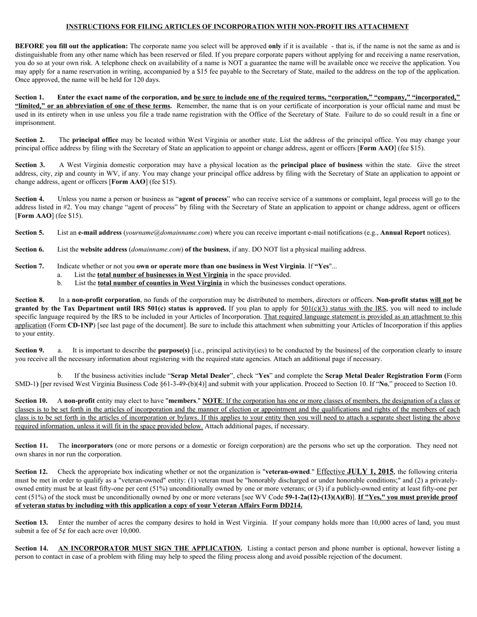 Form CD-INP (CD-1NP) West Virginia Articles of Incorporation With Non-profit IRS Attachment - West Virginia, Page 5