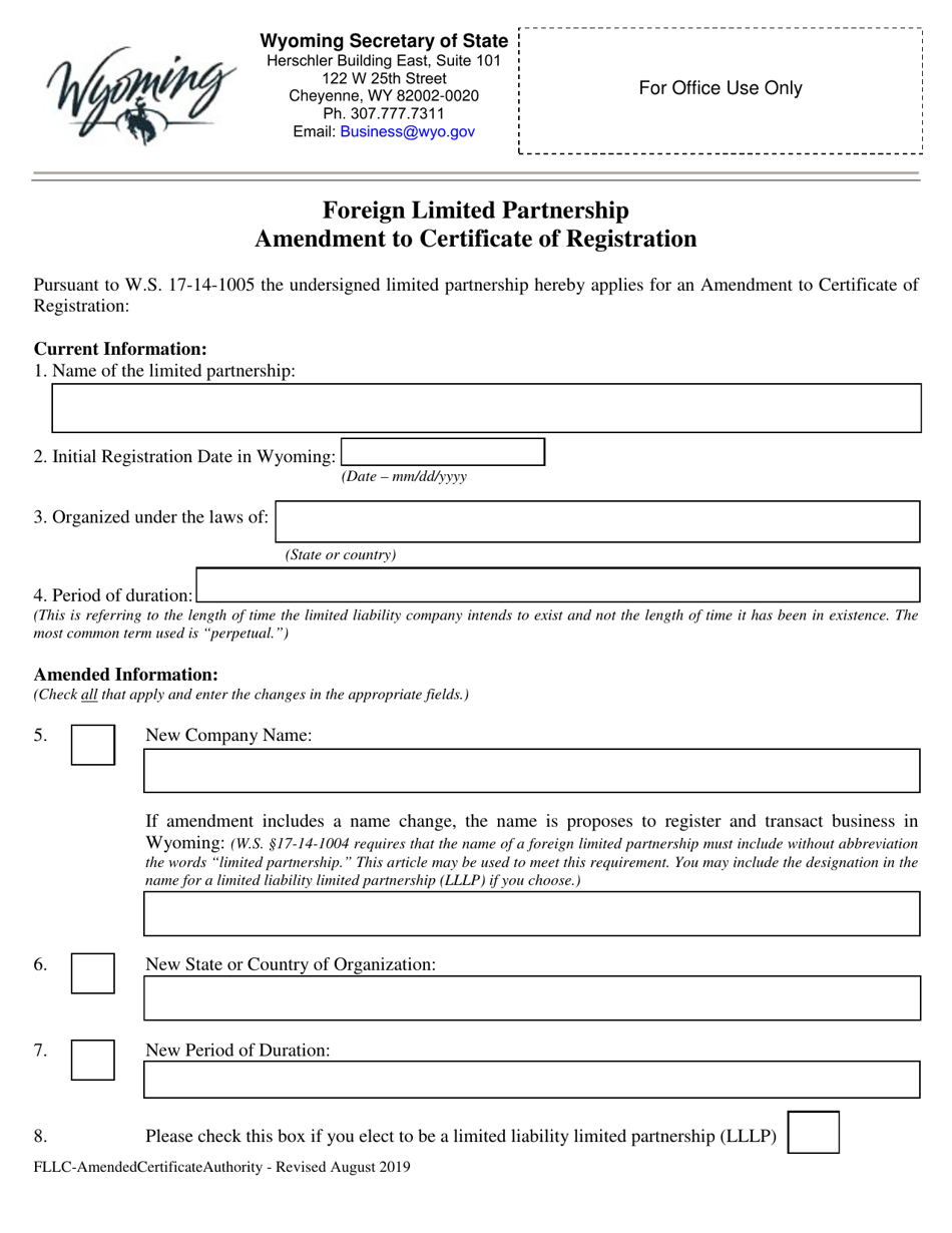 Foreign Limited Partnership Amendment to Certificate of Registration - Wyoming, Page 1