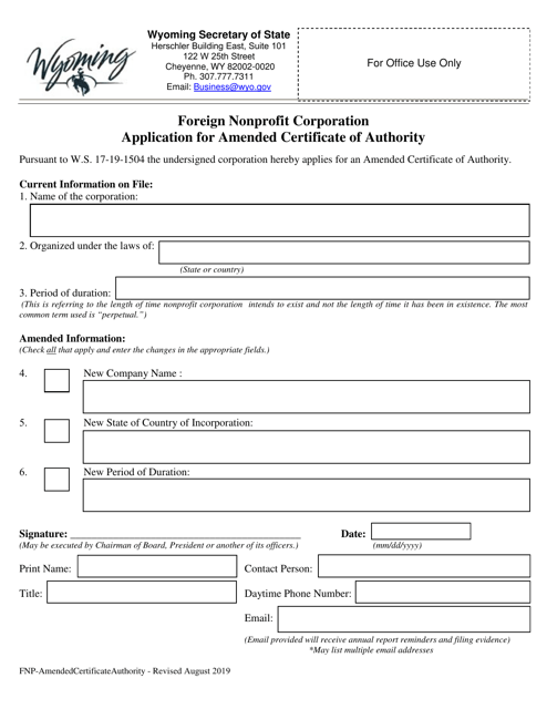Foreign Nonprofit Corporation Application for Amended Certificate of Authority - Wyoming Download Pdf